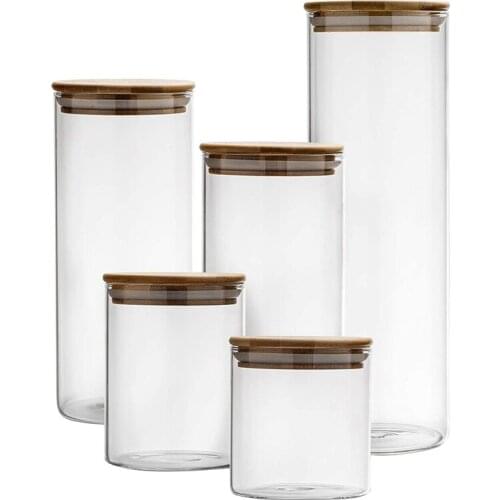5Pcs Gl Kitchen Canisters with Airtight Bamboo Lid,Food Storage Jars Container for Flour,Sugar,Coffee,Cookie, Candy