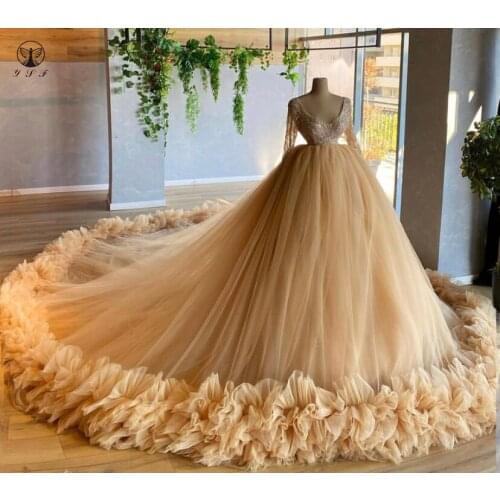 2021 Best Selling Gold Scoop Beaded Long Sleeve Ball Gown Puffy Evening Dresses