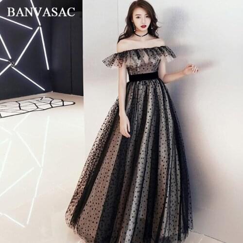 BANVASAC Elegant Ruffles Boat Neck Spots A Line Long Evening Dresses Party Short Sleeve Sash Backless Prom Gowns