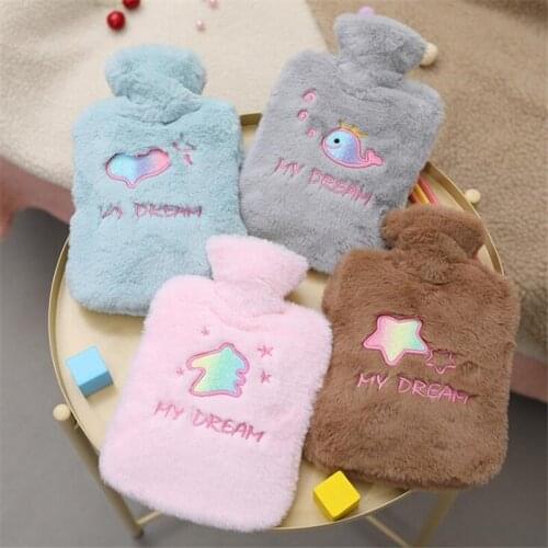 1000ml Warm Water Bag Warm Belly Fill with Water Safety Large Foot Warmer Cute Sequin Flannel Hand Warmer Water Hot Water Bottle