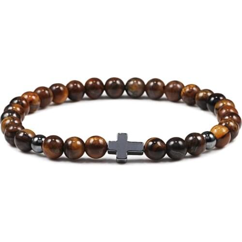 Prayer Men Women Bracelet Hematite Cross 6MM Natural Stone Tiger Eyes Bead Strand Bracelets Bangle Jesus Yoga Homme Jewelry Gift