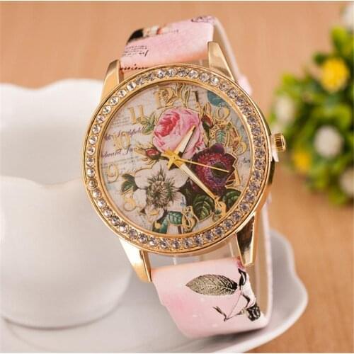 Fashion Watch Women Rhinestone Inlaid Flower Round Dial Faux Leather Band Quartz Wristwatch Quartz Clock reloj mujer Luxury Gift