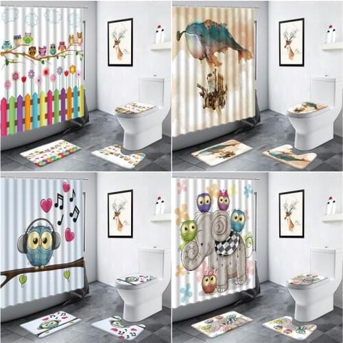 Funny Cartoon Animals Owl Whale Elephant Kids Shower Curtain Creative Children Bathroom Decor Non-slip Rug Toilet Bath Mats Sets
