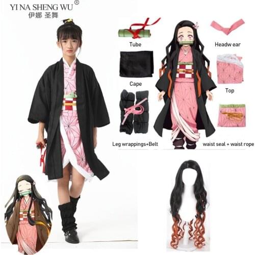 Adult Kids Anime Demon Slayer Kimetsu no Yaiba Tanjirou Kamado Nezuko Zenitsu Shinobu Cosplay Women Kimono Costume with Wigs