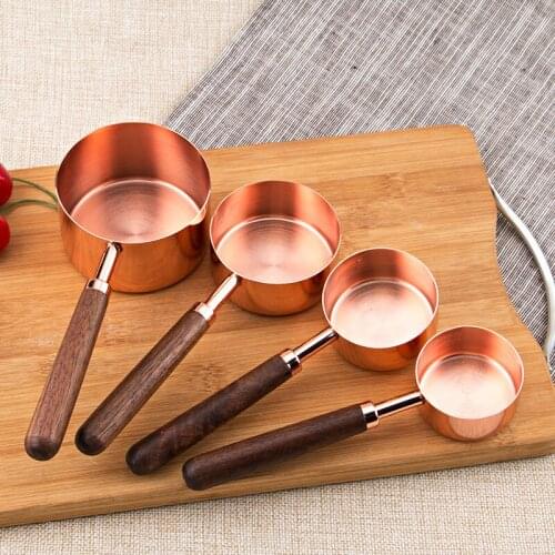 4-8pcs Rose Gold Measuring Cups Measuring Spoon Scoop Walnut Wooden Handle Kitchen Measuring Tool Plating Measuring Cups Spoon