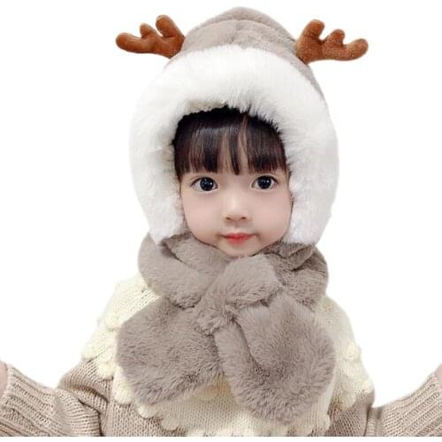 Cute Antler Scarf One-piece Hat Furry Hat Sweet Ear Cap Headband Cap Cold-proof Combo for Boy Girl Autumn and Winter