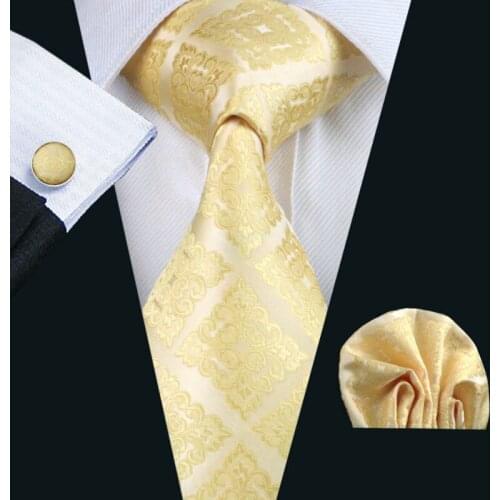 Men`s Tie Yellow Novelty Jacquard Woven 100% Silk Brand Tie Hanky Cufflinks Set For Wedding Business Party Free Postage LS-1036