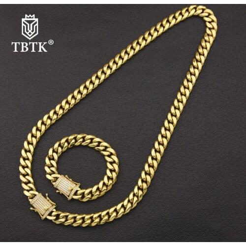 TBTK Smooth Metal Necklace&Bracelet Set Stainless Steel Simple Style Punk Box Clasp Micro-inlaid Sparkling Zircon Mans Jewelry