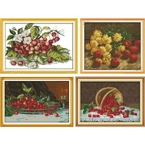 Joy Sunday Counted Cross Stitch Kit Oil Painting Cherrie Pattern 14CT 11CT Handmade Stamped Embroidery Needlework Decoration Set