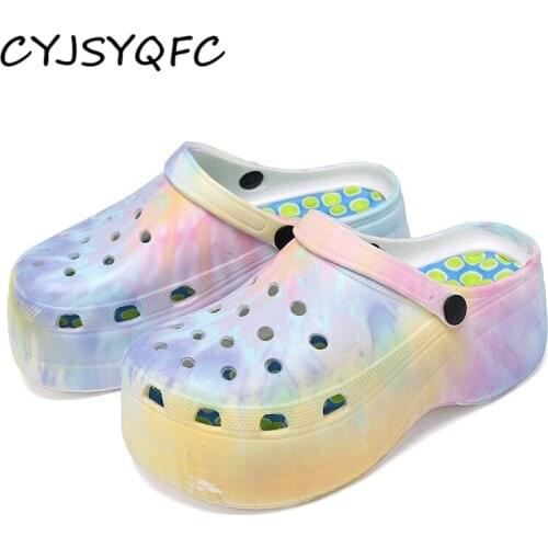 CYJSYQFC Autumn New Women Shoes Hole Slippers High Heels Sandals Fashion Outdoor Beach Spray Color Platform Slids Plus Size 42