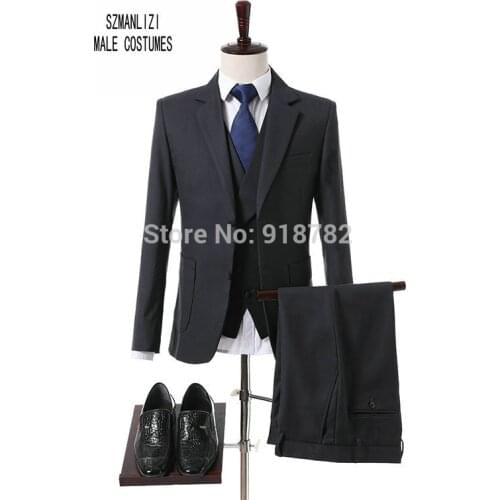 New Arrival 2018 Elegant Formal Dark Grey Three Pieces Set Tuxedo Wedding Suits For Men Groomsman Suit Prom Party Dress