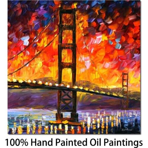 Palette knife Oil painting golden gate bridge Modern Abstract Art High quality Hand painted Colorful city picture for livingroom
