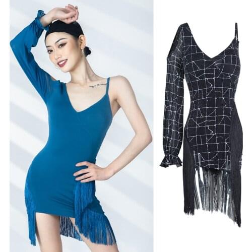 Latin Dance Competition Dress One-Long Sleeve Sling Fringe Dress For Women Adult Sexy Rumba Practice Clothing 3 Color DWY6021