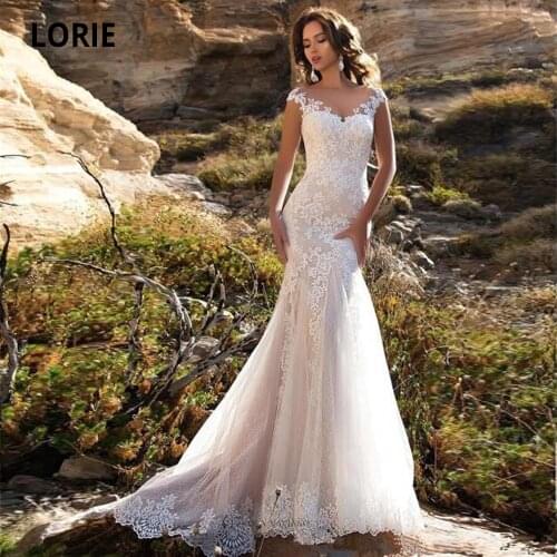 LORIE Elegant Lace Wedding Dresses Mermaid 2020 Sleeveless illusion Vintage Bridal Gown Outdoor Wedding Bride Dress Plus Size