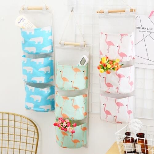 Flamingo Pattern Cotton Linen Hanging Storage Bag 3 Pockets Wall Mounted Wardrobe Hang Bag Wall Pouch Cosmetic Toys Organizer