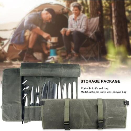 Portable Knife Roll Bag Multifunctional Cutter Waxed Canvas Bag For Outdoors Trip Camping (not Including Knives)