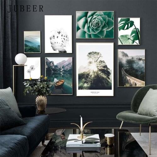 Scandinavian Style Posters and Prints Landscape Canvas Painting Leaf Wall Art Mountain and Lake Pictures Living Room Decoration