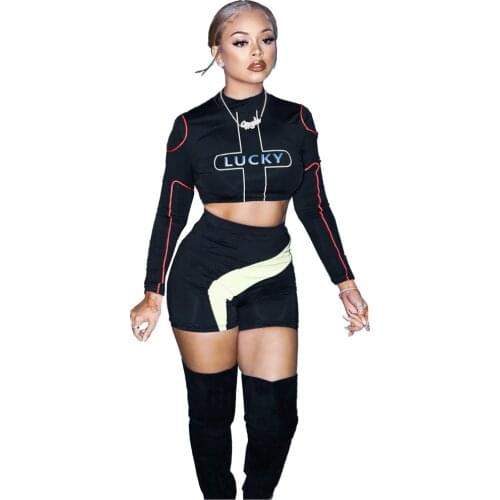 Casual Letter Print Black Shorts Two Piece Set Sexy O Neck Long Sleeve Crop Top + Biker Shorts Bodycon Tracksuit Women Set