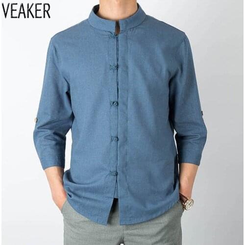 2019 New Mens Chinese Style Cotton Linen Shirts Male Vintage Three Quarter Sleeve Casual Linen Shirt Solid Color Tops Shirt 5XL