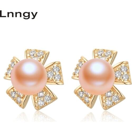 Lnngy 14K Gold Filled Flower Stud Earrings 6.5-7mm Natural Freshwater Pearl Earrings Women Birthday Party Fine Jewelry Gifts
