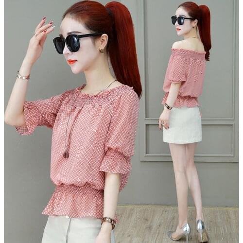 Slash Neck Off Shoulder Women Chiffon Blusas Tops Summer Style Polka Dot Printed Chiffon Blouses Shirt