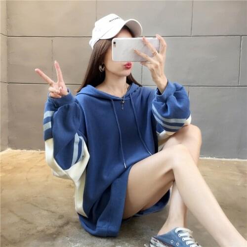 Womens long hooded sweatshirts thick pullover tops autumn winter clothes patchwork casual loose outfits for ladies preppy style