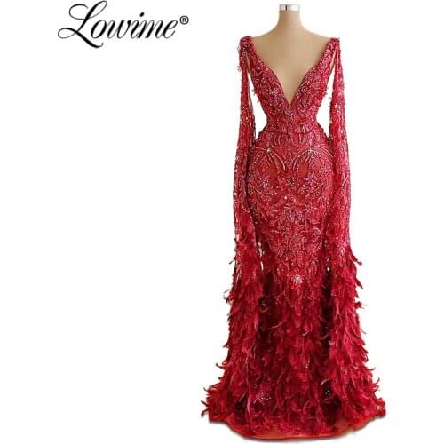 Luxury V Neck Wine Red Evening Dresses 2020 Custom Made Lace Feather Dubai Capped Long Sleeves Formal Dress Party Gown Robe