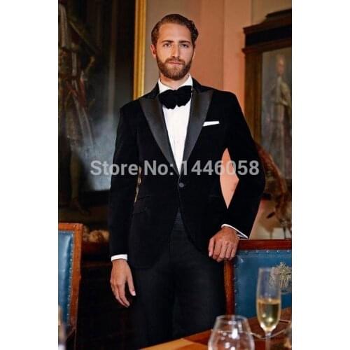 Dinner Style Peak Lapel Groom Tuxedos/Mens Wedding Suits/Wedding Tuxedos For Men Velvet Tuxedo Jacket Mens Suits (Coat+Pant+Bow)