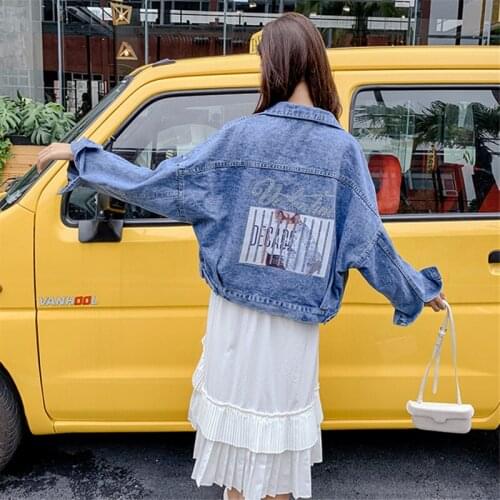 Spring Autumn New jean Female Jacket Beaded printing Single-breasted Denim Jackets For Women Loose Lapel Long Sleeve Wild A152