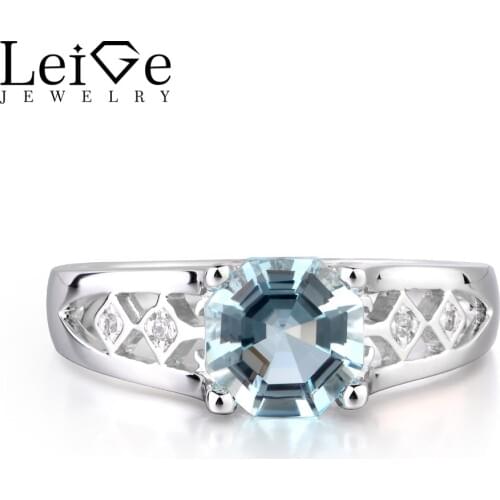 Leige Jewelry Natural Aquamarine March Birthstone Octagon Shape Engagement Rings For Woman 925 Sterling Silver