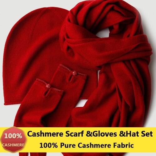 100% Cashmere Scarf Hat Gloves 3 Pieces Set for Women Winter Pure Cashmere Scarf Knitted Hat and Cap with Gloves Set Cashmere
