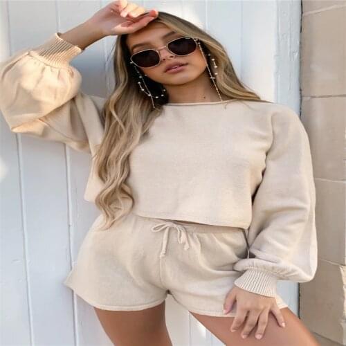 FUFUCAILLM 2pcs/set Womens Suit Latern Sleeve Kintted Sweater + Drawstring Loose Shorts Casual Fashion Outfits