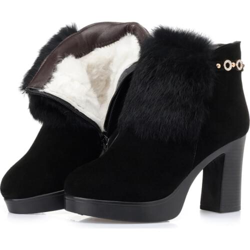 ZXRYXGS 2021 Metal Rhinestones Rabbit Fur Decoration Fashion Boots Women Fashion Boots Non-slip High Heel Boots Warm Snow Boots