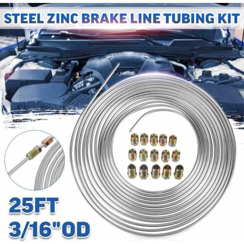 25 FT 7.62M Coil Roll Tube of 3/16"OD Anti Rust Steel Zinc Brake Pipe Hose Line Fuel Tubing Kit with 15pcs Tube Nuts Fittings