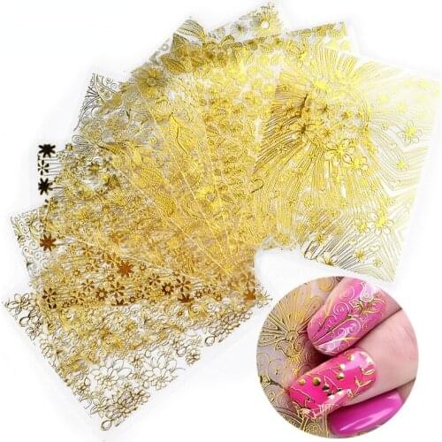 8pcs Gold/White/Silver/Black 3D Bronzing Nail Sticker Flower Metalic Lace Slider DIY Manicure Nails Decal Nail Art Decorations