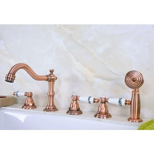 Antique Red Copper Brass Widespread Three Handles Deck Mounted 5 Holes Bathroom Tub Faucet Mixer Tap With Handshower mtf225