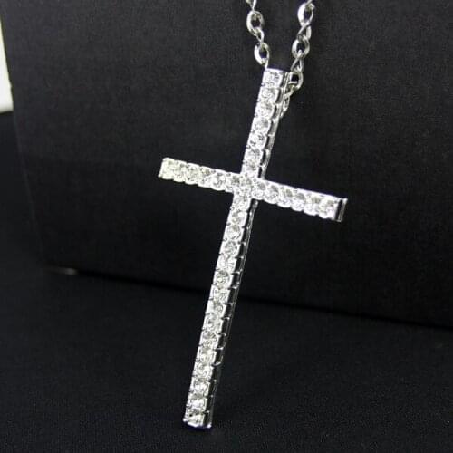 BUDROVKY Silver Color Rhinestone Cross Pendant Necklace Chain For Women And Girl