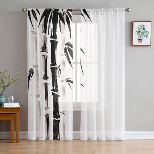 Ink Painting Bamboo Black And White Tulle Window Treatment Sheer Curtains for Living Room the Bedroom Curtains Decoration