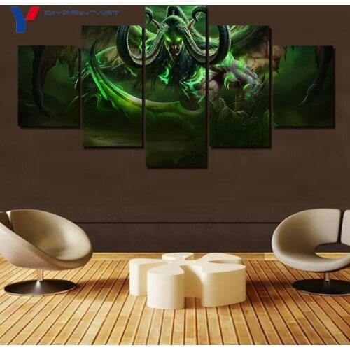 Demon Hunter Illidan Stormrage 5 Panel Canvas Printed Painting Game Poster Wow Pictures for Living Room Home Decoration
