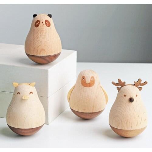 Deer Design Wooden Tumbler Statue Miniature Model Office Home Desktop Decor Collection Party Festival DIY Supplies Children Toys