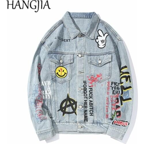 Harajuku Mens Jeans Jackets Hip Hop Graffiti Denim Jacket Outwear Streetwear Fashion Letters Printed Jacket Coats Retro