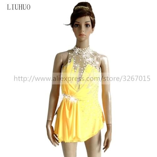 Figure Skating Dress Customized Competition Ice Skating dress for Girl Women Yellow sleeveless style Delicate rhinestones