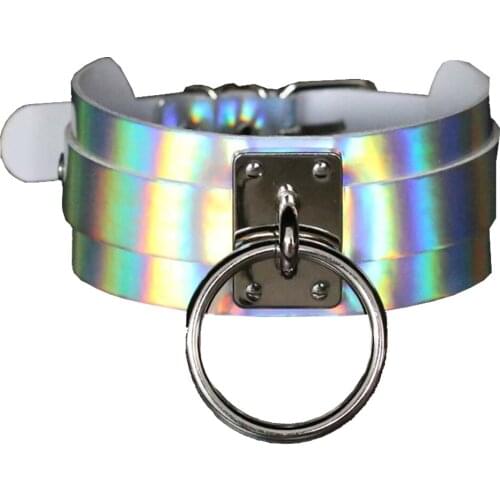 Personality punk exaggerated laser glowing neck big O round metal BDSM slave-sex slave collar choker