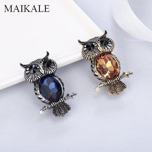 MAIKALE Cute Vintage Owl Brooch Pins Zinc Alloy high Quality Crystal Brooches for Women Accessories Jewelry Gift wholesale