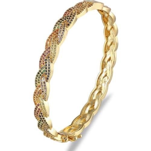Fashion Boho Rainbow CZ Stone Bracelet Copper Gold Color Charm Opening Bracelets & Bangles Women Jewelry For Couple Pulseiras