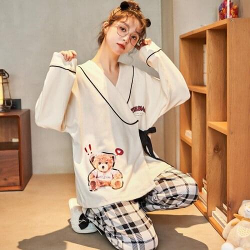 Fashion new ladies pajamas, kimono, long-sleeved trousers, spring and autumn knitted cotton loose girls' home service suits
