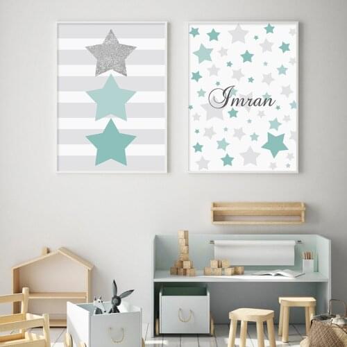 Cartoon Stars Green Baby Name Customization Posters Nursery Canvas Painting Wall Art Prints Pictures Kids Room Bedroom Decor