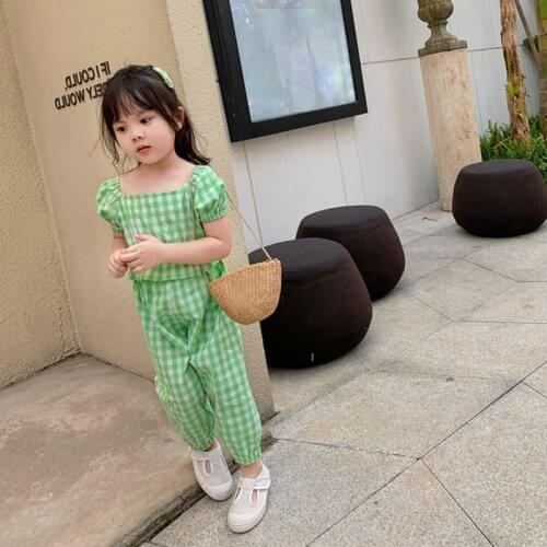 2020 New Girls Korean Plaid Floral Suit Childrens U-neck Top And Trousers Two-piece Set Childrens Girls Clothing