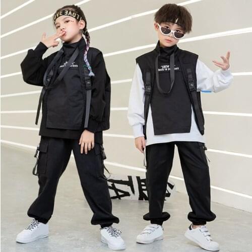 4 -16 Yrs Children Hip Hop Autumn Clothing Black White Tops Vest Ballroom Pants for Girls Boys Dance Costumes Dancing Outfits