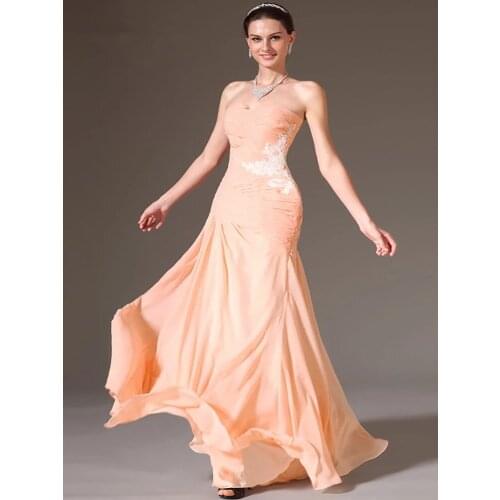 Peach Evening Dresses Mermaid Sweetheart Chiffon Appliques Beaded Long Dubai Saudi Arabic Evening Gown Prom Dresses